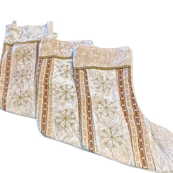 Ivory Velvet with Gold Snowflakes and Tan Trim Christmas Stockings Set of 3 - Picture 1 of 4